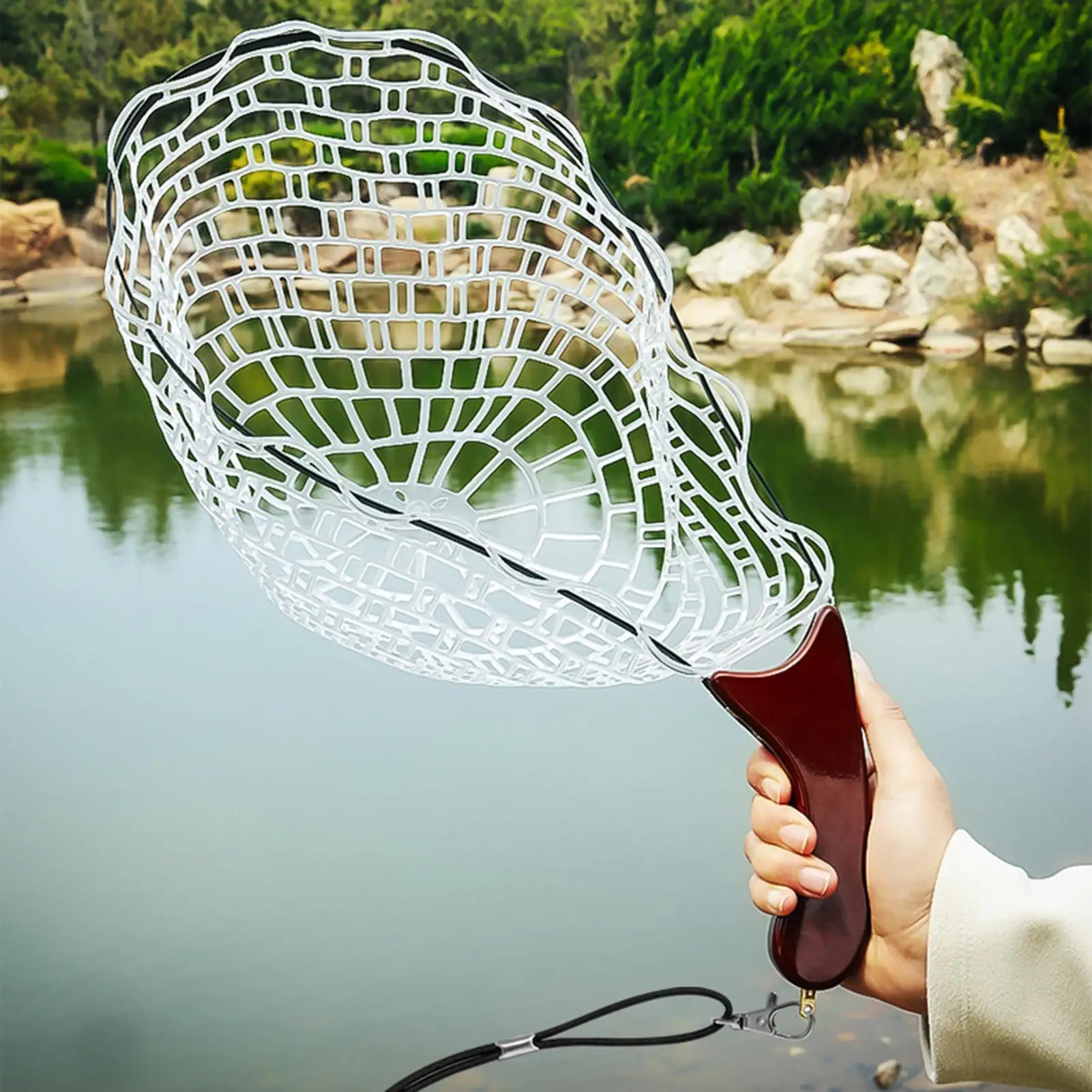 Fishing Landing Net with Wooden Carved Handle Foldable Silicone Fishing Catch Dip Net Wading River Stream Fishing Accessories