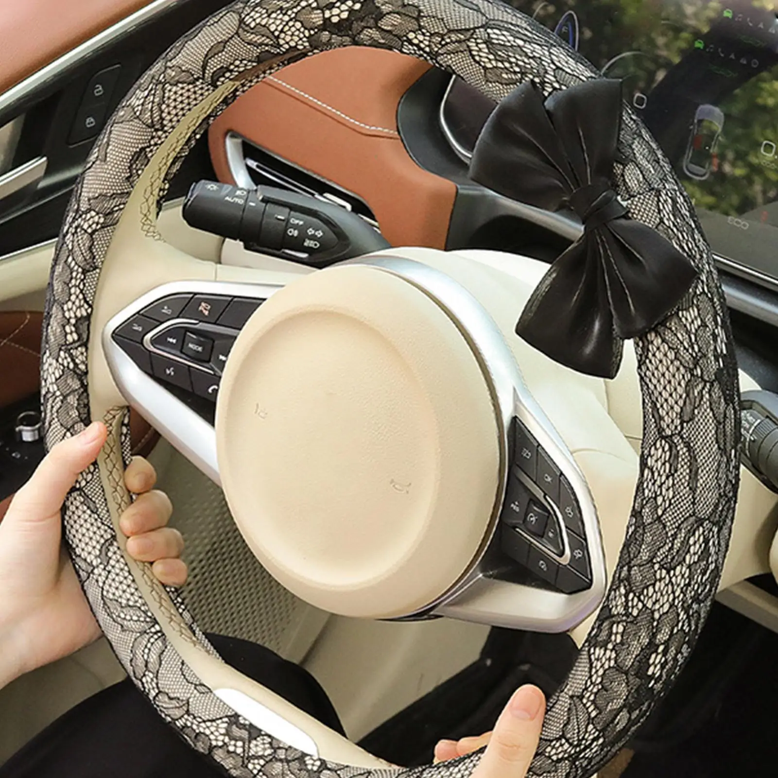 Coprivolante per Auto in Pizzo con Fiocco Carino 38cm Universale Antiscivolo Traspirante Accessori Decorativi per Interni Auto da Donna