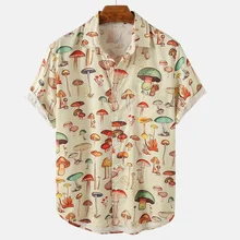 Hawaiian Men Short Sleeved Shirt, Casual Lapel Shirt, Color Elements, Mushroom Pattern, 3d Print Button, 5xl Top