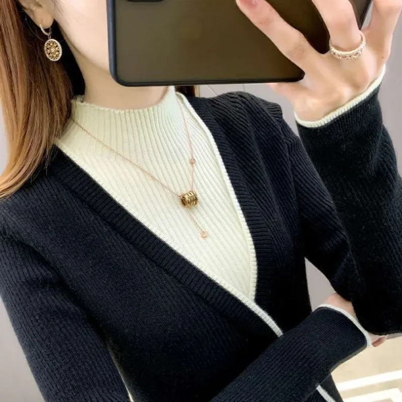 

Autumn Winter Women's Pullover Turtleneck Solid Screw Thread Long Sleeved Sweater Knitted Undershirt Vintage Fashion Casual Tops