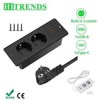 EU Table Recessed Sockets Bulit in Sockets with USB Type C PD20W Power Strip Desk Hidden Power Outlet 2m Extension Cord Home 1