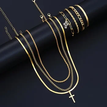 Conjunto de joias com pingente de cruz minimalista, elegante, de aço inoxidável, 7 peças, para homens, corrente, colar, pulseira, joias para uso diário 1