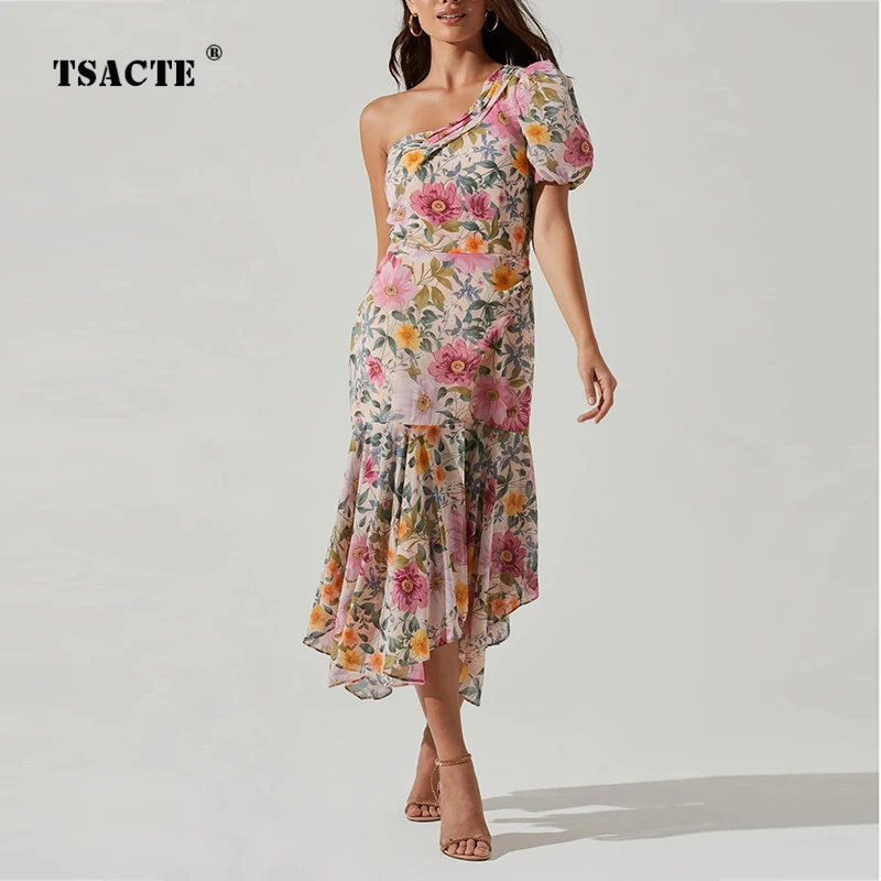 

2023 Summer New Elegant Bra Style Irregular Dress Women's Bubble Sleeve Oblique Shoulder Off Back Chiffon Printed Slim Fit Dress