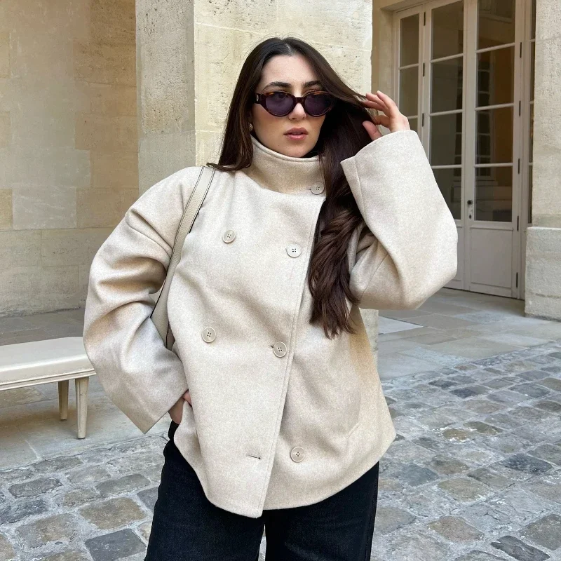 2025 frauen Neue Solide Stehen Neck Mantel Chic Zweireiher Tasche Lose Fit Mantel Weibliche Herbst Winter Casual Straße Tragen – Detail 1