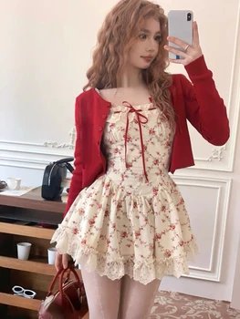 Summer Sweet Floral Dress Set Woman Casual Red Short Dress Cardigan Set Elegant Lace Y2k Mini Dress Beach Fashion Clothing Suit 1