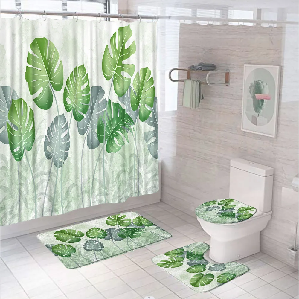 Tropical Leaves Shower Curtain Sets Summer Monstera Green Jungle Plant Bathroom Curtains Non-Slip Rugs Bath Mat Lid Toilet Cover