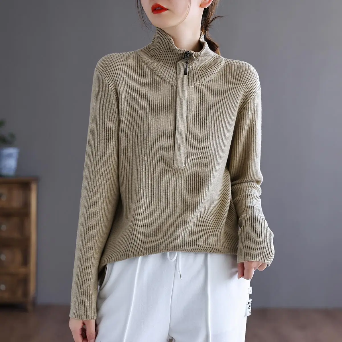 

Autumn Winter Women Casual Zipper Turtleneck Solid Sweater Korean Fashion Vintage Loose Basic Long Sleeve Knitted Pullover Tops