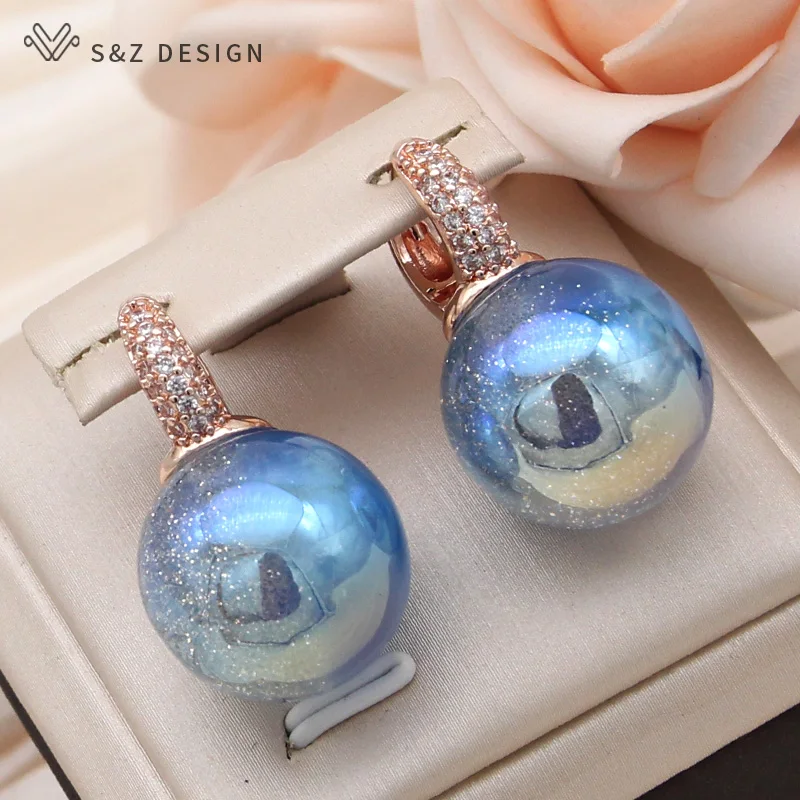 S&Z DESIGN New Fashion Round Colorful Beads Dangle Earrings For Women Wedding 585 Rose Gold Color Jewelry Cubic Zirconia Eardrop