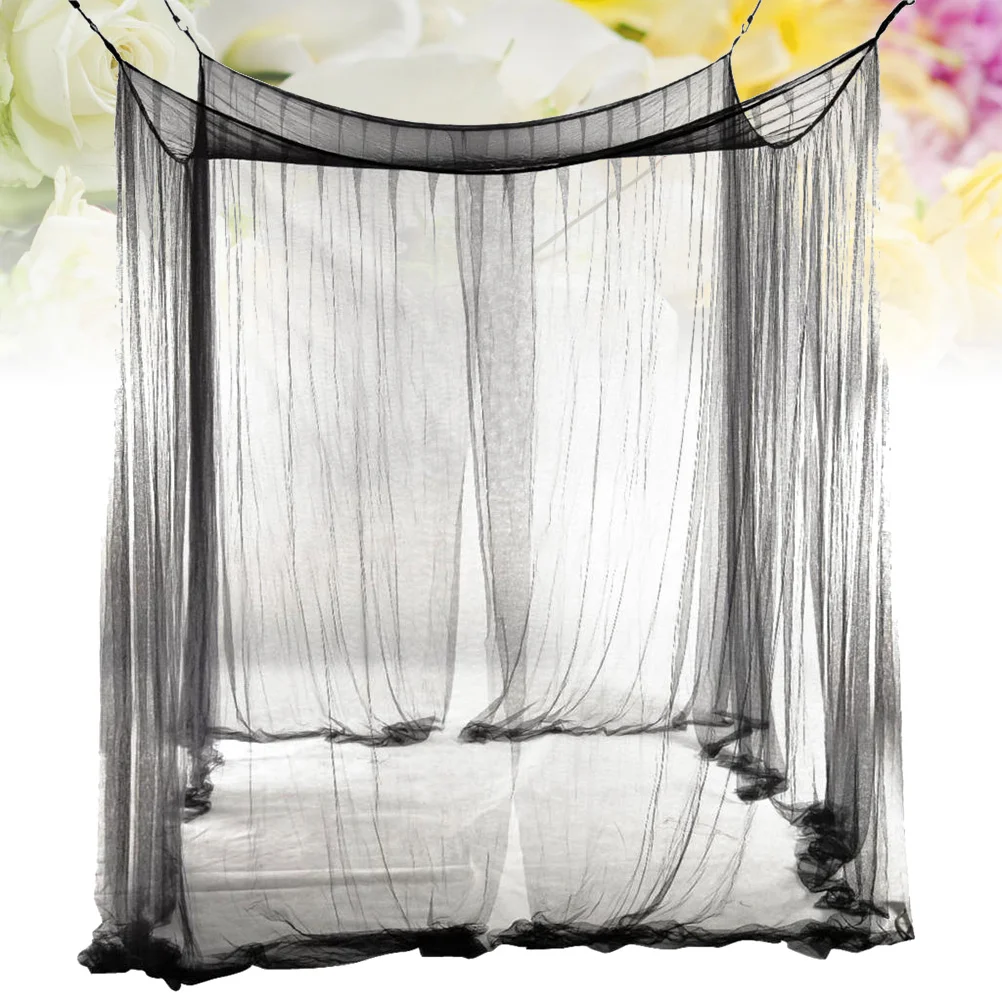 

European Style Corner Post Bed Canopy Mosquito Net Full Netting Bedding Canopy Netting Bed Curtains 190x210x240cm (Black)