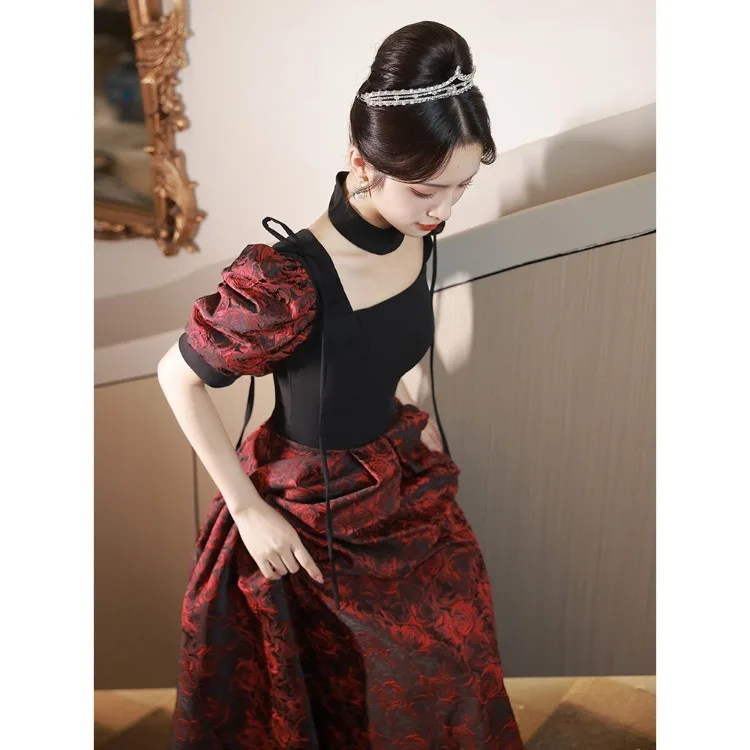 

Harajpee Black Red Evening Dress Women French Hepburn Style Light Luxury Niche Adult Dresses Red Bridal Toast Princess Vestido