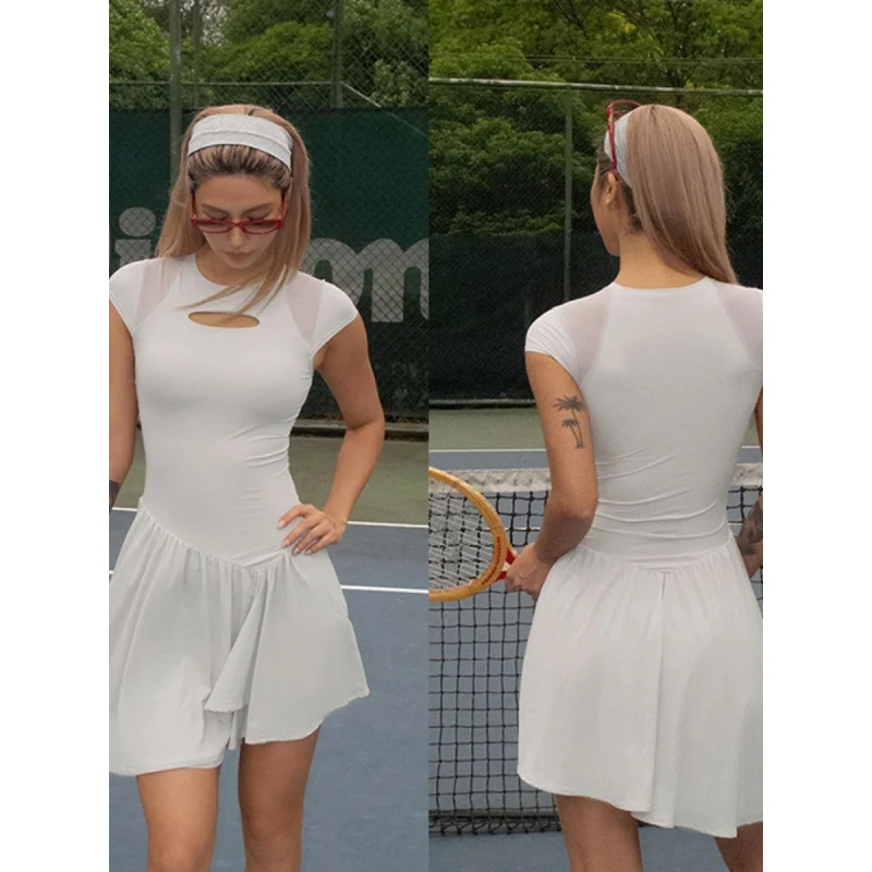FUBEIKE Summer Dresses Tennis Dress Women's Golf Wear Sexy Backless Round Neck Waist Trimming Slim Fit Skirt Short Dresses