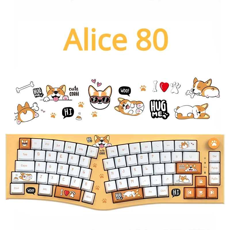 

Alice80 Corgi Theme Three-mode Mechanical Keyboard RGB Backlit Full-key Hot-swappable Ergonomic Cute Set Gaming Keyboard