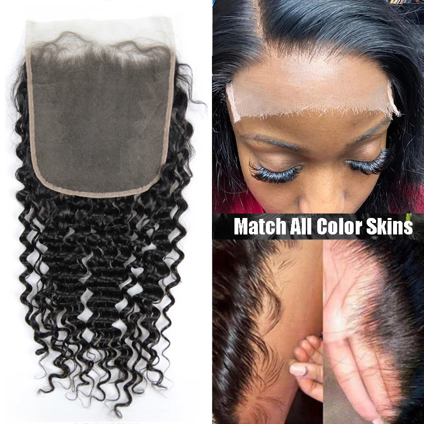 4x4 5x5 13x4 13x6 Deep Wave Transparent Lace Closure Peruvian Curly Human Hair 360 Frontal