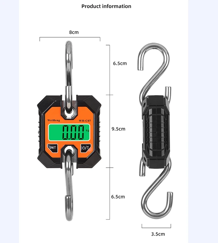 Description Picture 3 of item100kg Mini Electronic Crane Scale Heavy Duty Hanging Weighing Hook Steelyard Portable LCD Industrial Livestock Scales 250kg