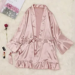 Women Silk Robe Ruffle Sleeves Kimono Bathrobe For Women Sexy Nightwear Sleepwear Plus Size Pajamas Robe Nightdress