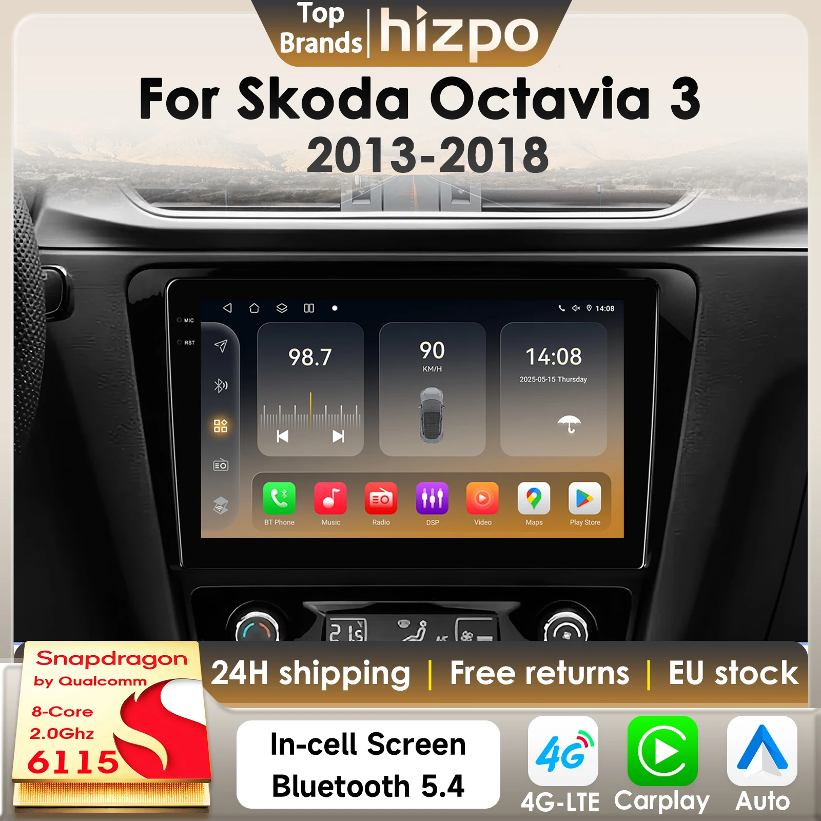 Hizpo 8Core 2Din Android 14 Autoradio für Skoda Octavia 3 A7 2013-2018 Auto Multimedia GPS 4G Carplay von Qualcomm Snapdragon 6115