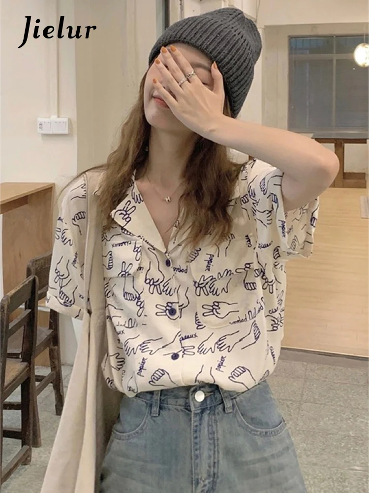 

Jielur Summer New Korean Retro Slim Women Shirt Loose Casual Street Simple Shirt Woman Basic Fashion Young Chicly Top Female