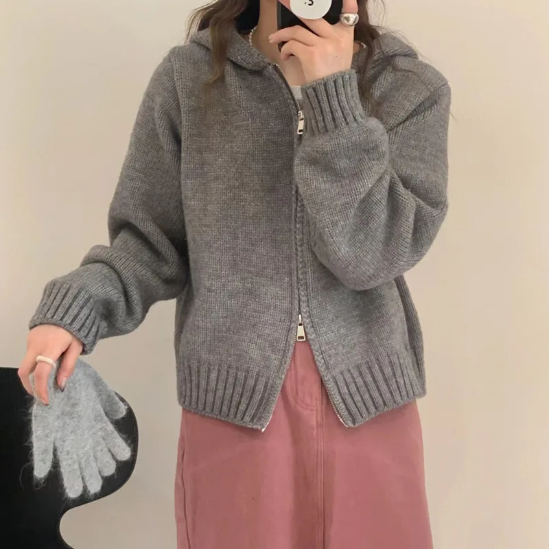 

Женский вязаный кардиган с капюшоном, свободный свитер на двойной молнии, УТЕПЛЕННЫЙ ТОП В Корейском стиле, Осень-зима 2024