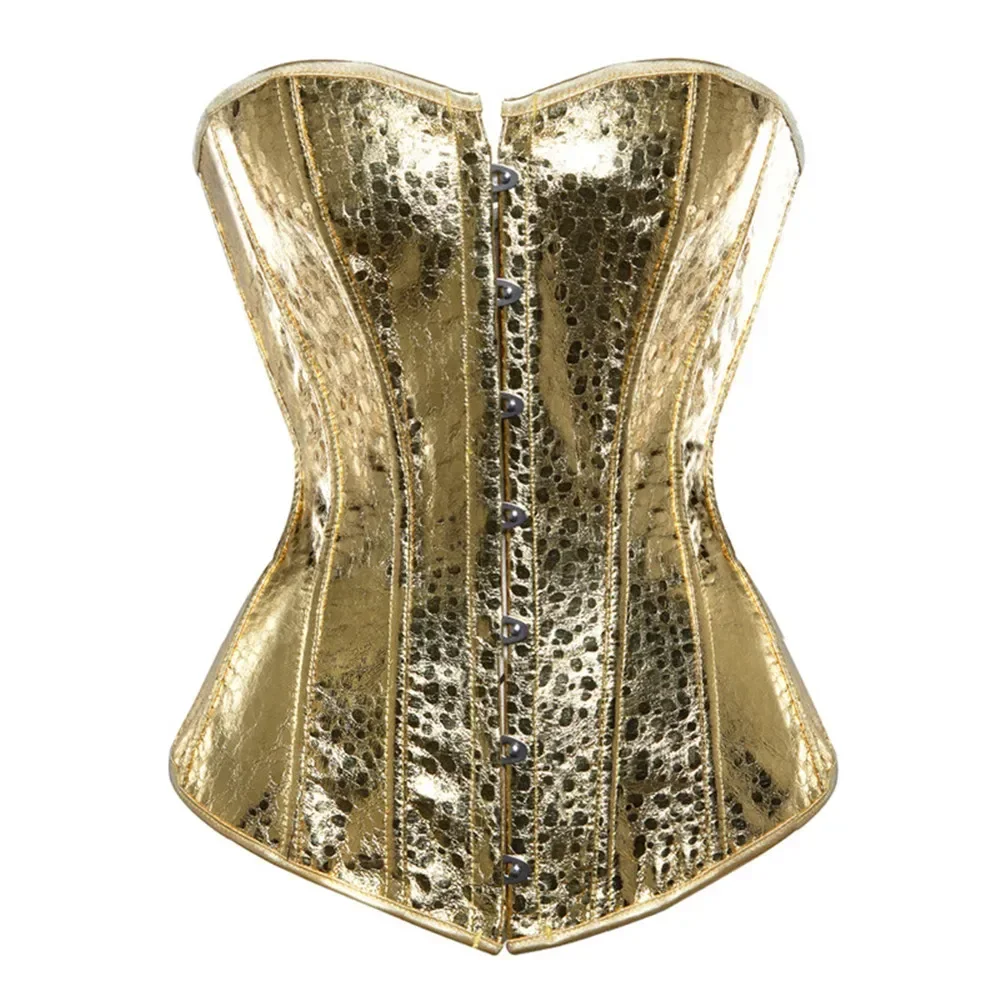 Women Silver PU Leather Zipper Overbust Corset Top Gothic Punk Clubwear Sexy Body Shaper Bustier S-6XL