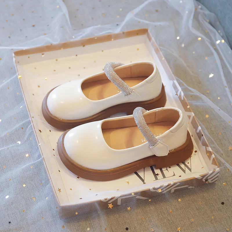 Korean Style Children's Leather Shoes Spring New Fashion Kids Glossy Shallow Rhinestone Girls Performance School Shoes PU