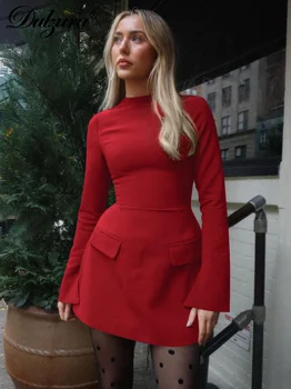 Dulzura Long Sleeves Zipper Bodycon Mini Dress With Pocket Solid Elegant Outfit Office Streetwear Women’S Autumn Winter Clothes 2