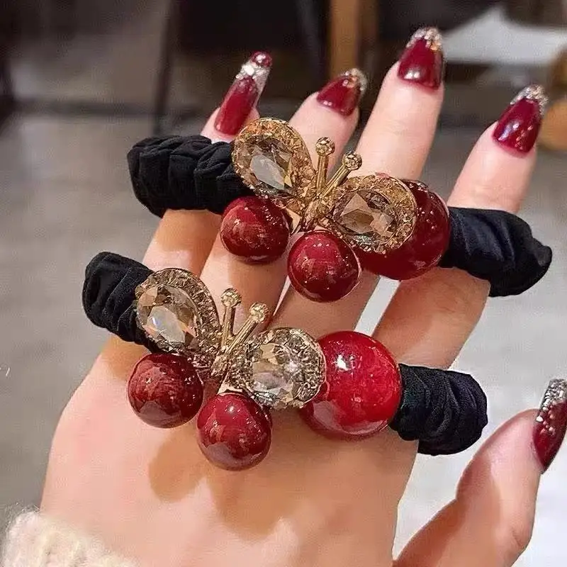 1PC Enkela Red Butterfly Pearl Hair Scrunchie,  Inspired Hair Tie For Women, Durable Elastic Hair Band For Ponytail Bun