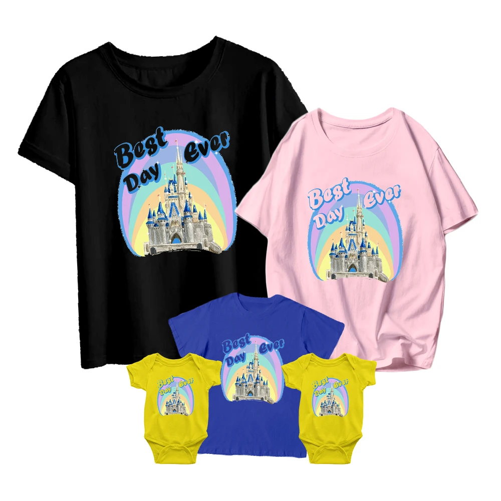 

Casual New Disney Castle T-Shirt Best Day Ever Printed Kids Short Sleeve Baby Romper Family Match Unisex Adult Funny O-Neck
