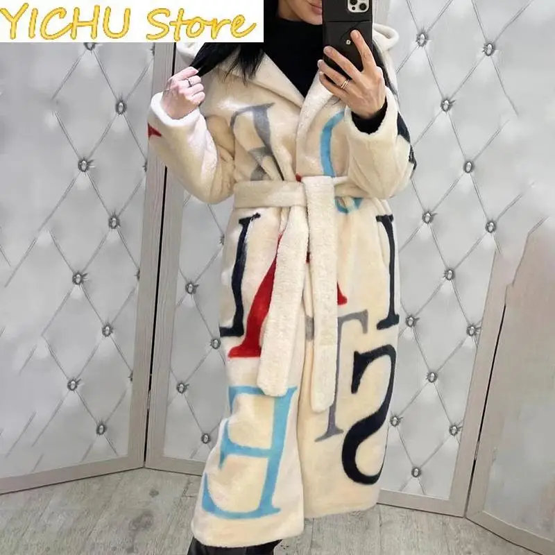 New Popular Letter Fashion Women's Large Print Long Woolen Coat Autumn Winter Clothing Warm Home Wear Dropshipping S~3XL Size
