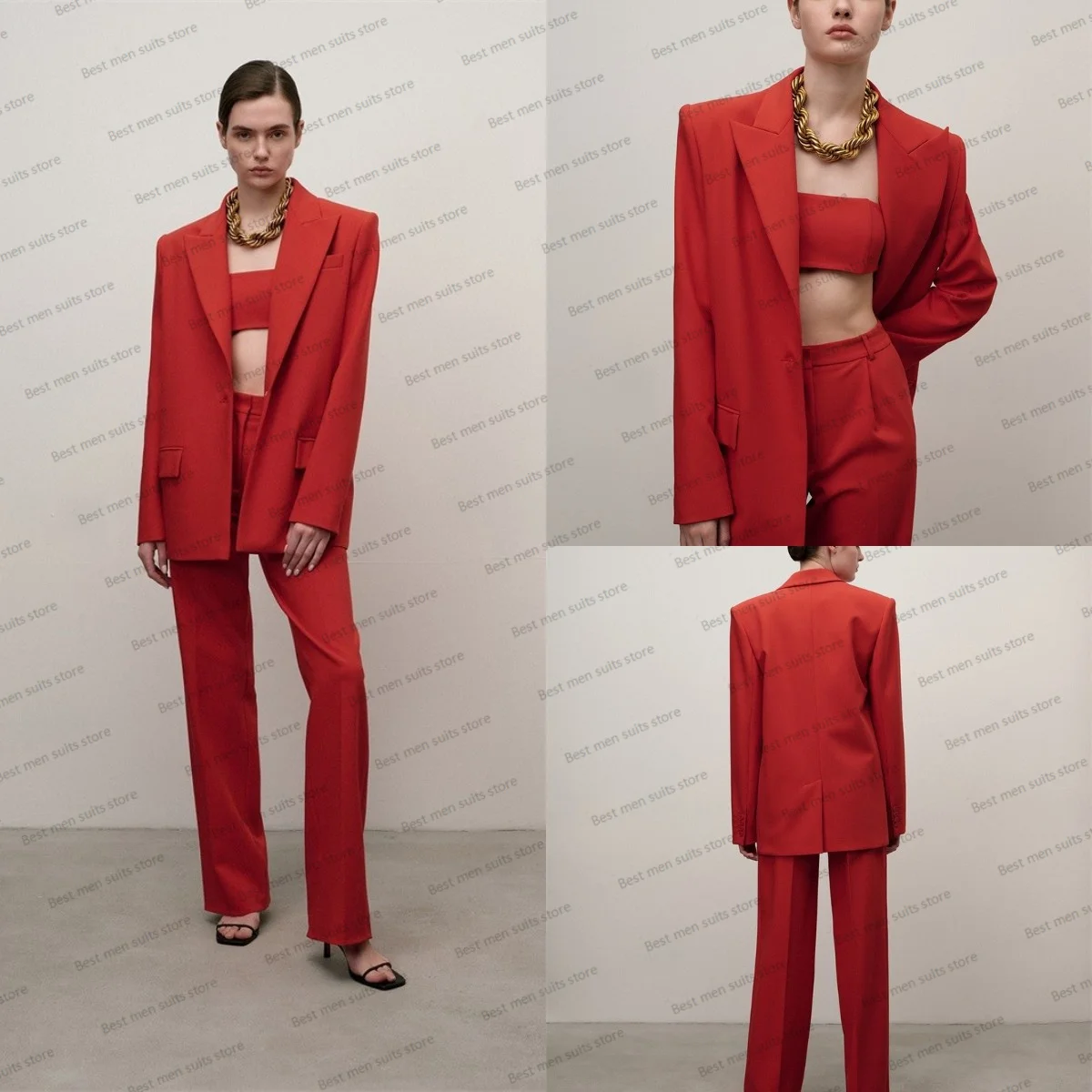 

Designer Formal Women Suit Set 3 Piece Blazer+Short Top Bra+Pants Wedding Party Prom Dress Office Lady Jakcet Custom Made