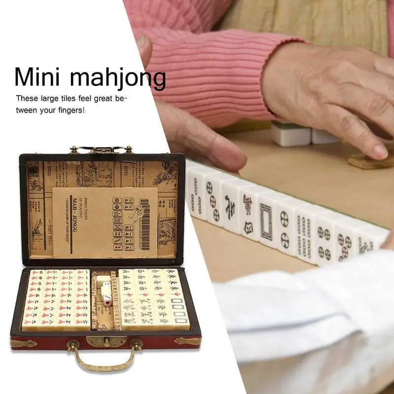Chinese Mahjong With Antique Portable Case 144 PCS Traveling Mahjong Adult Travel Game Toy Practical Durable Engraved Tiles 3