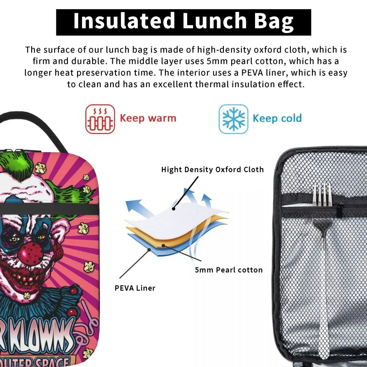 Killer Klowns 야외 공간 머치 런치 백, 학생 영화 도시락 피크닉 휴대용 토트 푸드 백, 디자이너 쿨러 백