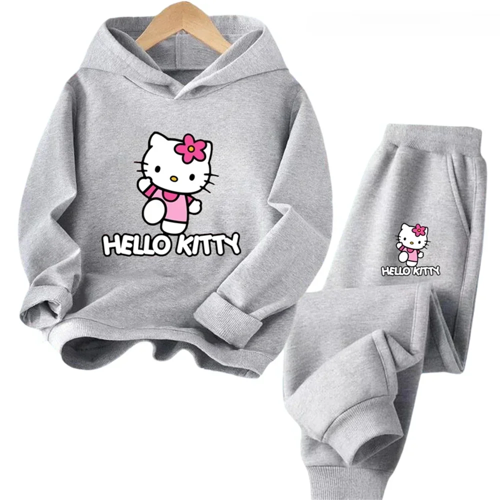 thumbnail image 1 of Conjunto de 2 piezas de sudadera y pantalones con estampado de dibujos animados de Hello Kitty Kawaii para primavera y otoño, ropa para niños de 2 a 14 años, chándal de moda, 1 of 5