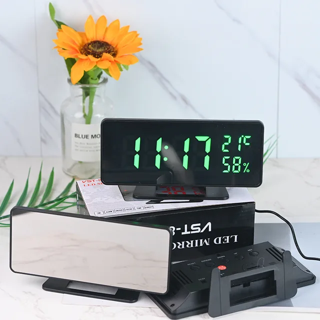 미러 디지털 알람 시계 온도 습도 3 알람 스누즈 책상 시계 야간 모드 12/24H USB 전자 LED 시계
