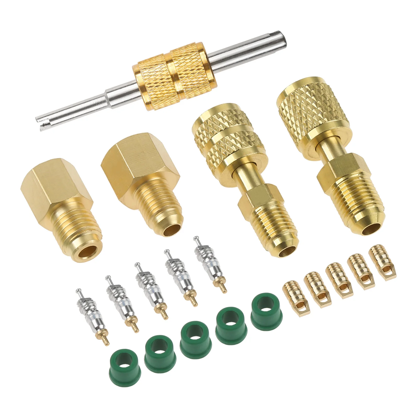 Valve Core Remover 20pcs/set Mini Split R410A R134A Adapters 5/16" 1/4" SAE Plug 1/2" Acme Male To Female Brass Fitting Kit with Valve Core Remover valve core remover