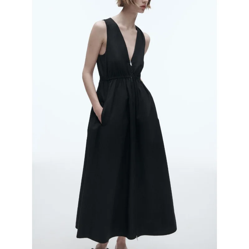 

Women's Clothing Elegant Solid Long Summer Zipper Sleeveles Oversized Dresse Fashion Party Vestidos Stylish Elegant black dress