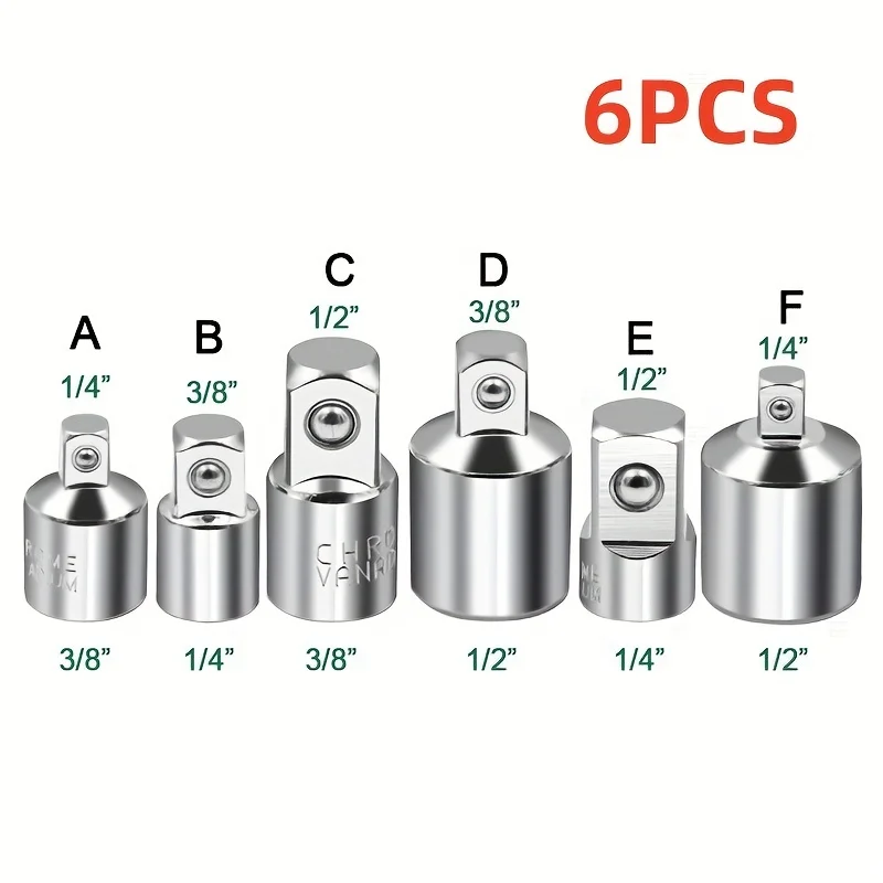 Socket Converter 6pcs Ratchet Wrench Socket Adapter 1/2" Big Fly To 3/8" Fly To 1/4" Stainless Steel 1/4" 1/2" To 3/8