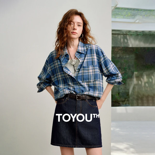 TOYOUTH – chemises brossées pour femmes, chemisiers amples mi-longs dégradés à carreaux bleu-blanc, nouvelle collection printemps 2026 1