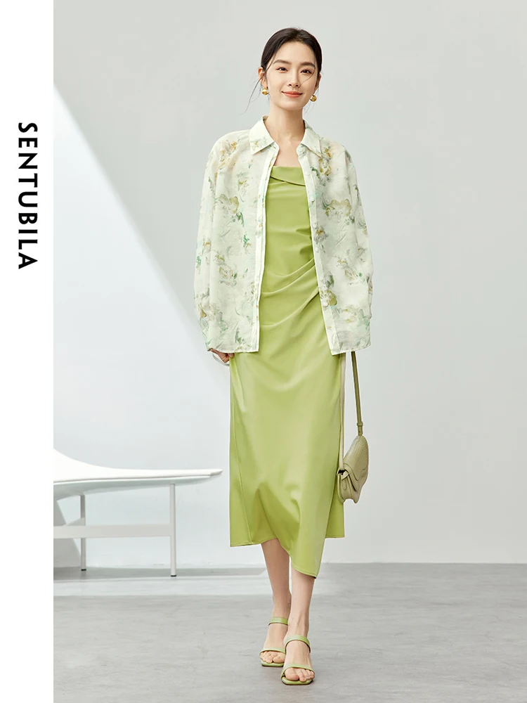 SENTUBILA Women's Dresses Set Floral Lapel Button Up Shirt Irregular Camisole Dress 2024 Spring Summer Female Clothing 141Z53472