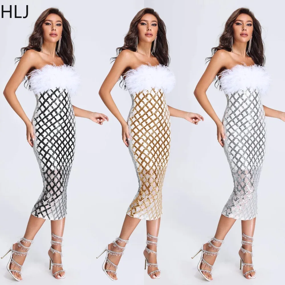 

HLJ Fashion Feathers Sequined Party Birthday Dress Women Sleeveless Slim Tube Dresses Sexy Strapless Mesh Bodycon Mid Vestidos