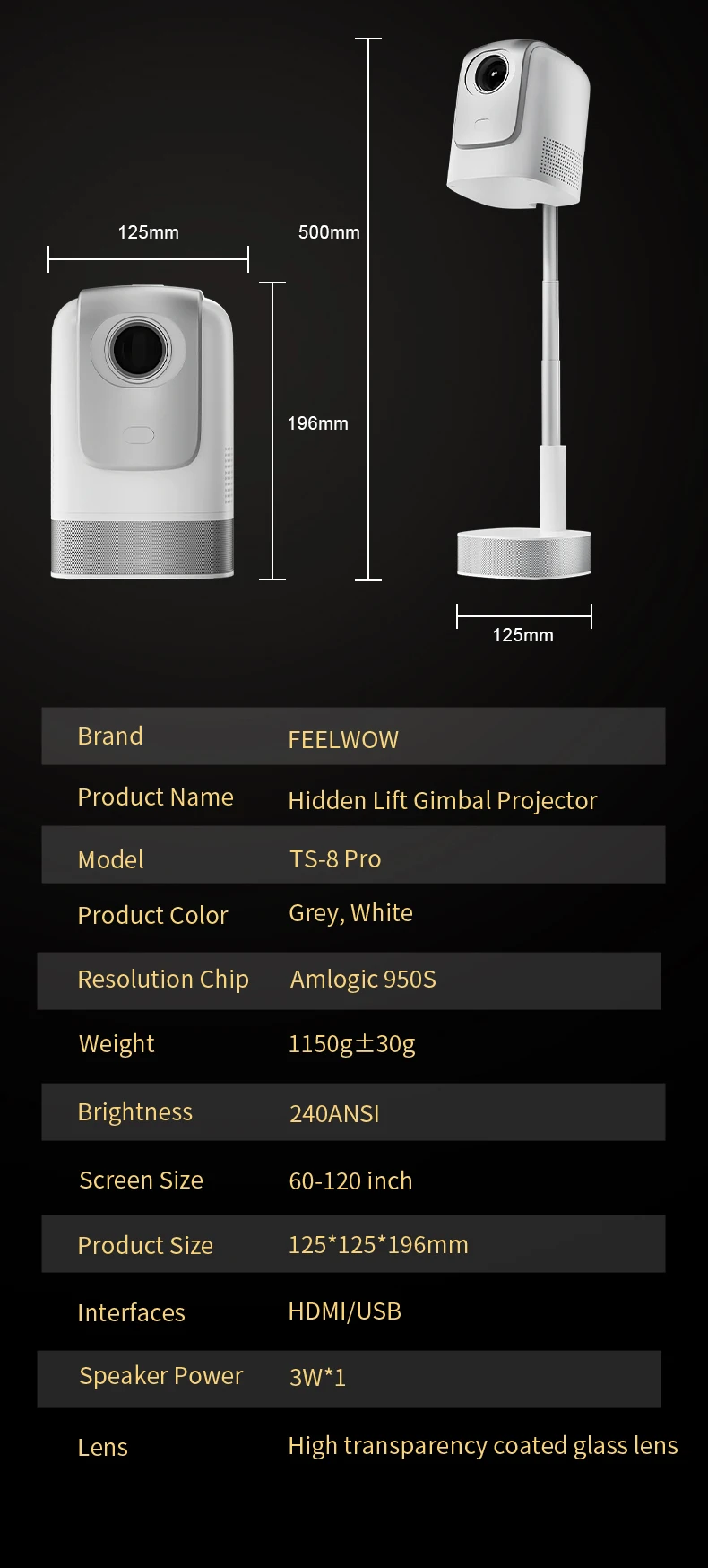 TS8 Pro Smart Hidden lifting Gimbal Projector 4K Portable with Wifi6 Bluetooth 5