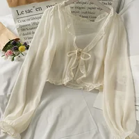 T-shirt à manches longues et respirant pour femme, cardigan en dentelle avec nœud, vêtement à volants, protection solaire, pour couvrir 2