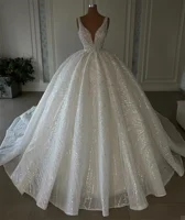 Customized Sparkly Ball Gown Wedding Dress Beads V Neck Sleeveless Pearls Bridal Gowns Ruffles Sweep Train Bride Dresses 1