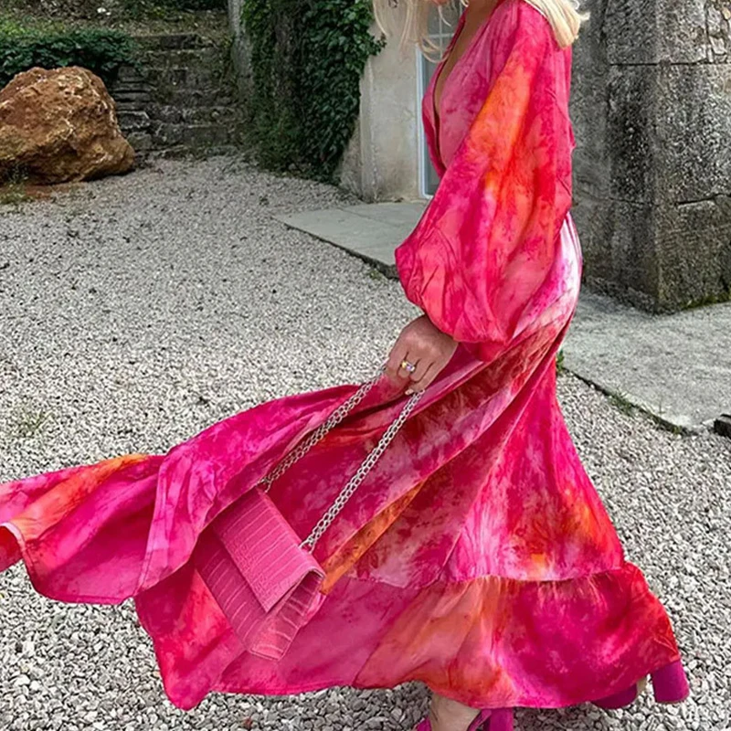 

Fall Fashion Print Lantern Sleeve Party Dress Casual Ruffle Hem Holiday Long Dress for Women Deep V Hollow High Waist Sexy Dress