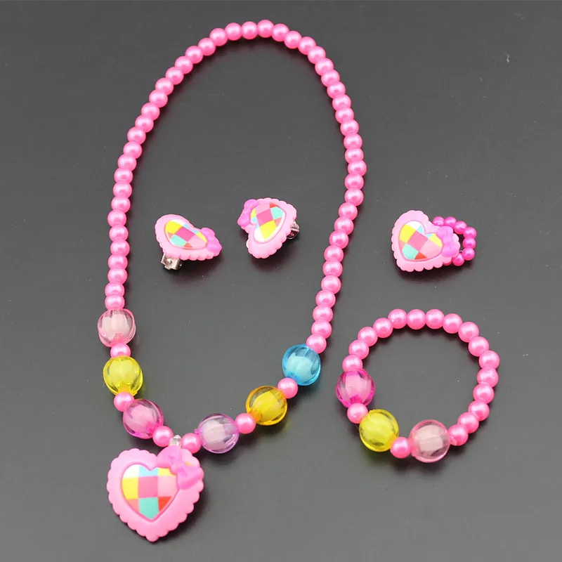 Imitation Pearls Beaded Jewelry Set Baby Girls Lovely Heart Necklace Heart Stud Earrings Kids Children Party Jewelry Gift 3