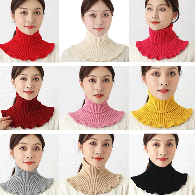 

Women Warm Ribbed Turtleneck Pullover Knitted Sweater Fake Collar Windproof Detachable False Collar Removable Scarf Wrap