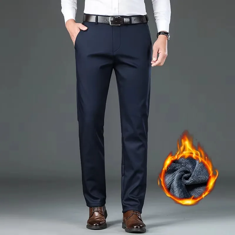 Winter New Flannel Thick Men's Casual Pants Fleece Navy Black Business Straight Slim Stretch Warm Plush Trousers Male 4