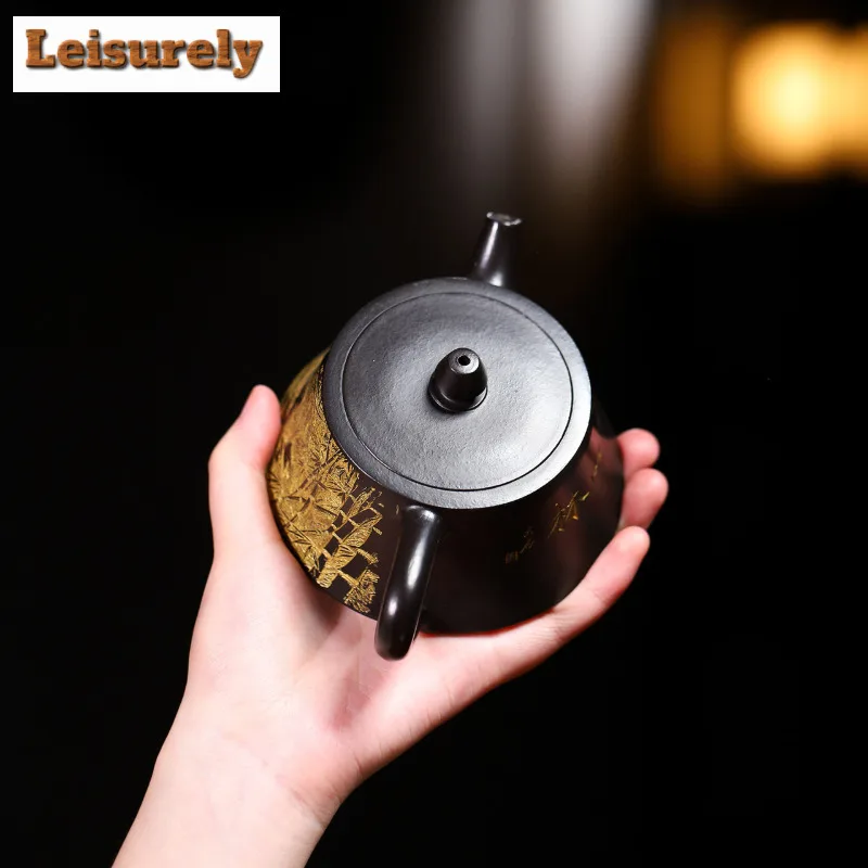280ml Antique Yixing Purple Clay Teapots Handmade Gold Drawing Pot Raw Ore Dahongpao Reducing Roasting Mud Kettle Zisha Tea Set