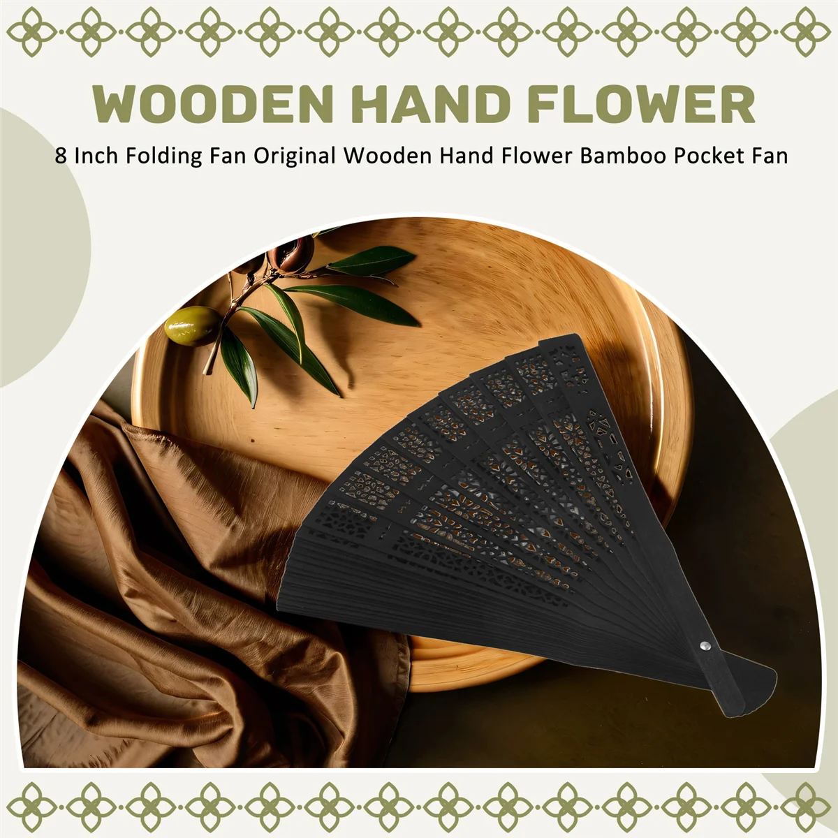 8 Inch Chinese Japanese Folding Fan Original Wooden Hand Flower Bamboo Pocket Fan For Home Decor Party Decoration-Black folding fan hand fan wooden hand fan