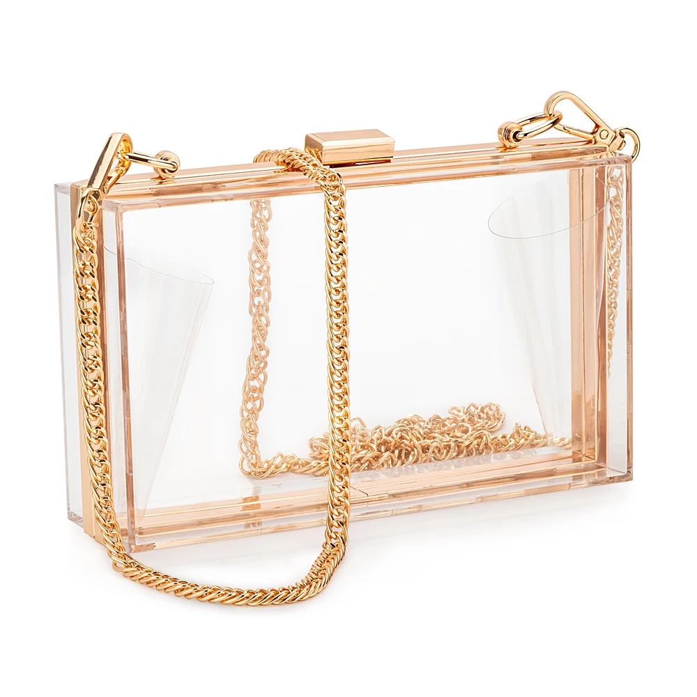 Women Acrylic Clear Clutch Transparent Crossbody Purse Evening Bag Sport Events Stadium Approved Chain Strap Gold/Silver