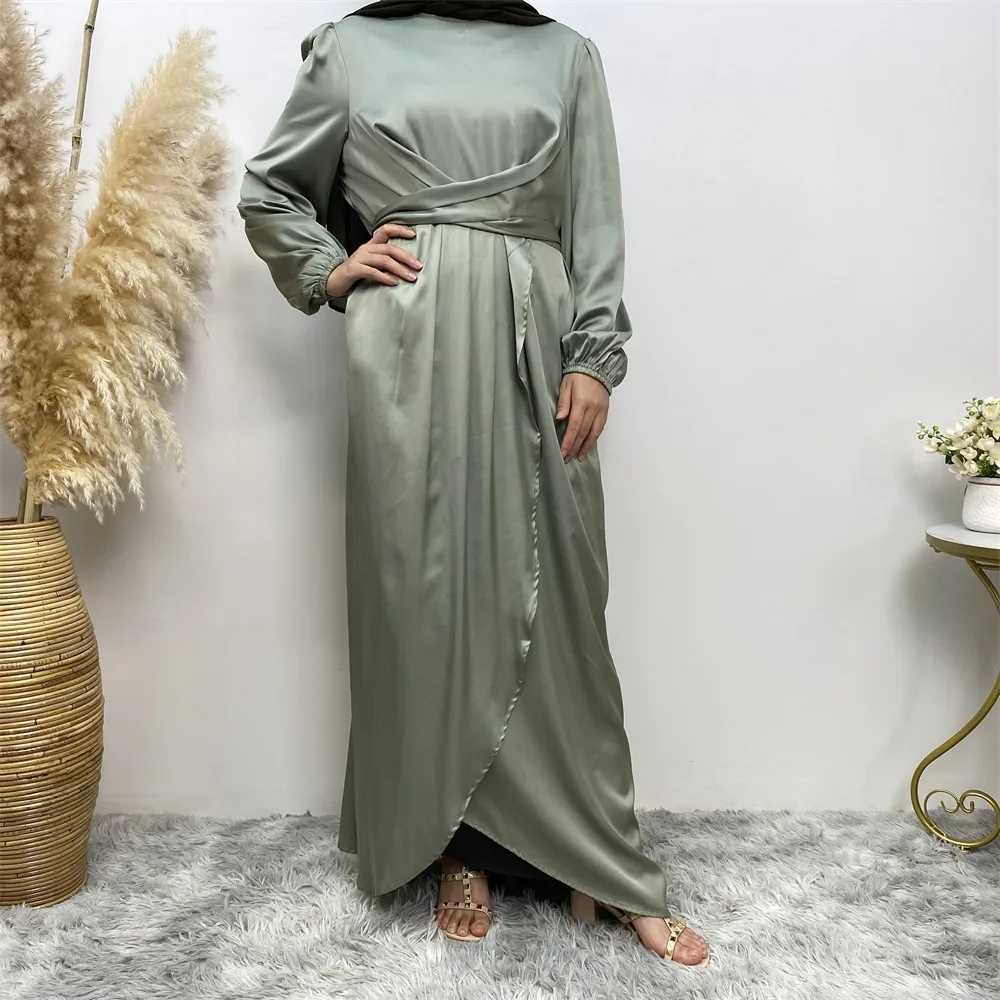 

Fashion Muslim Women Satin Maxi Dress Bandage Kaftan Dubai Turkey Abaya Islamic Jalabiya Eid Mubarak Arabic Robe Abayas Vestidos